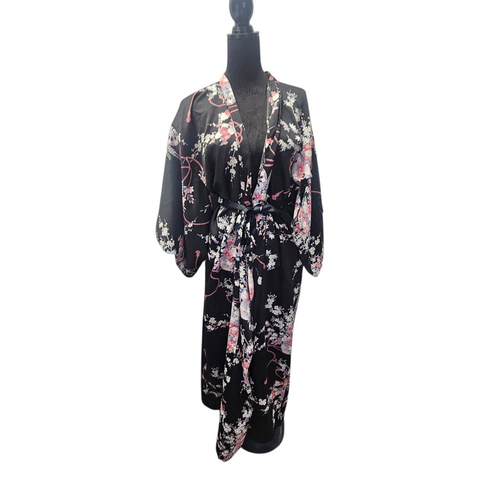 Floral Print Silky Satin Kimono Robe Belted Vintage One Size